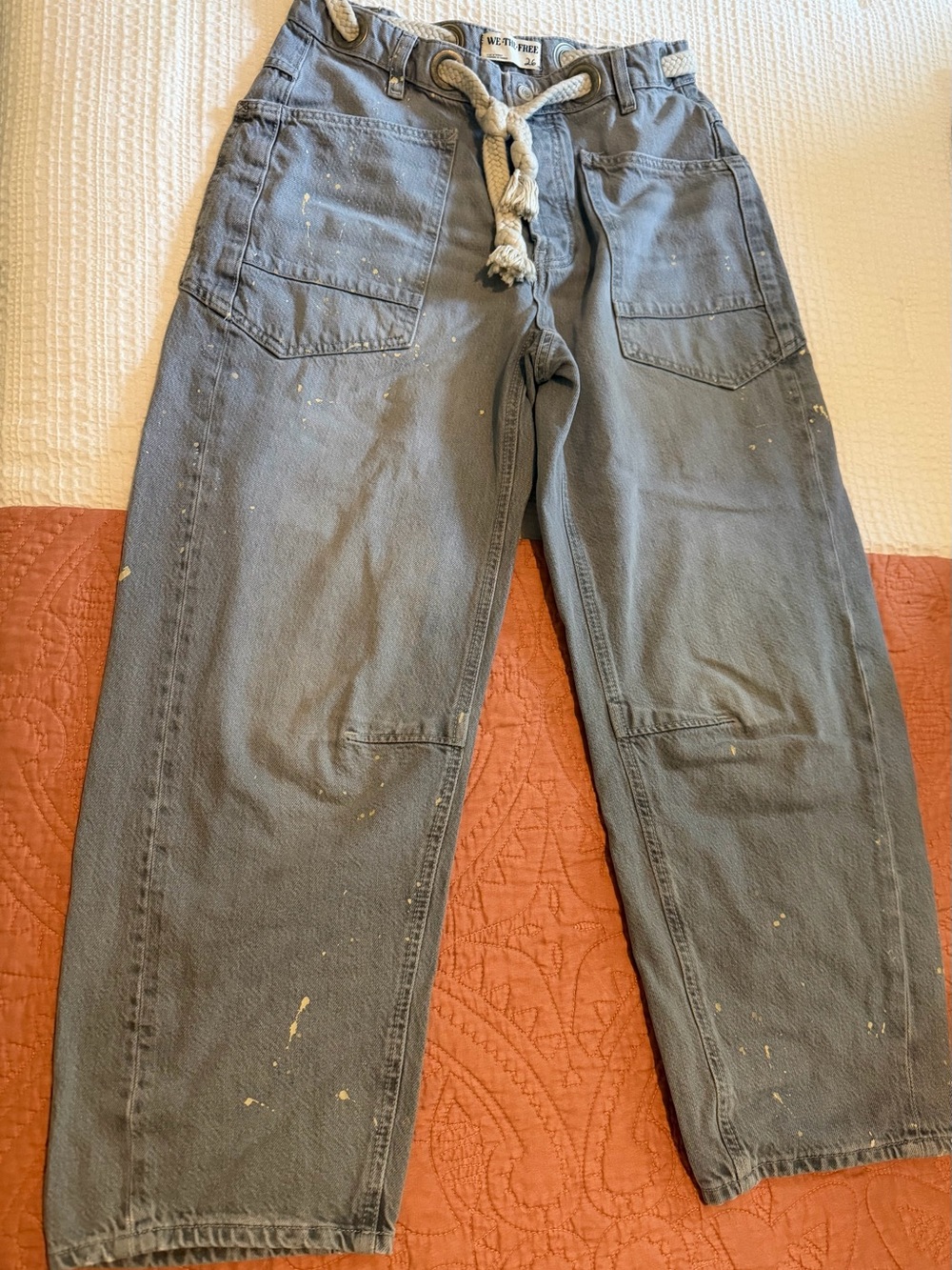 We The Free Women's Gray Paint-Splatter Utility Barrel Jeans